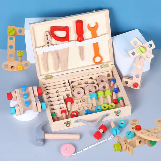 Montessori-inspiriertes Holz-Werkzeugkoffer – 82-teiliges Konstruktionsset mit Werkzeugen & Schrauben