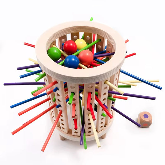 Montessori-inspiriertes Kugel- und Stäbchenspiel aus Holz – Würfelspiel mit 42 Stäbchen