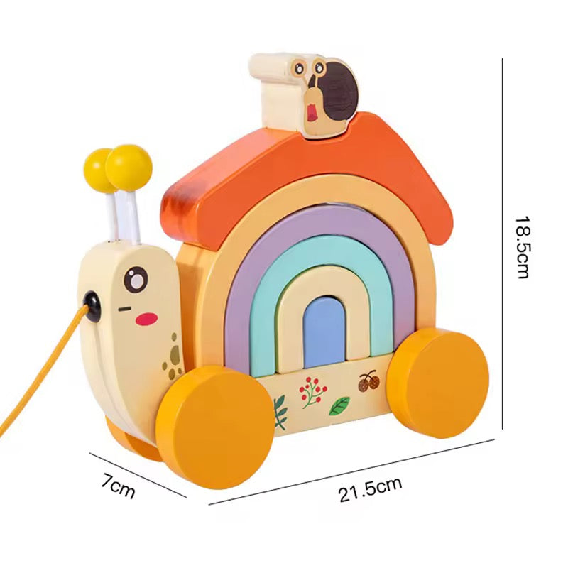 Holz-Schnecke mit Regenbogen-Steckspiel – Zieh- und Stapelspielzeug