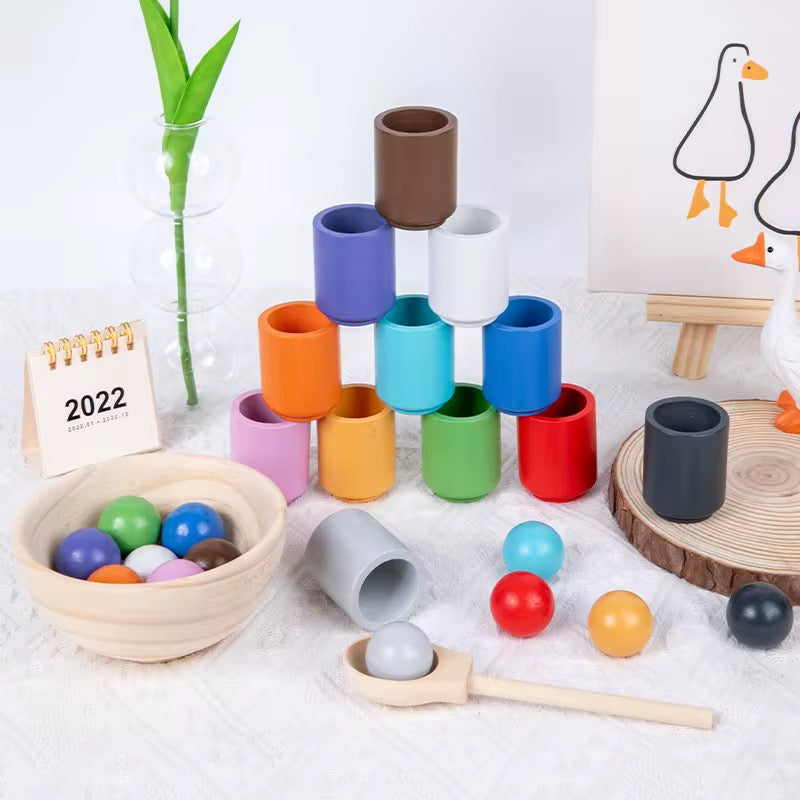 Montessori Regenbogen-Sortierspiel aus Holz – 12 Tassen mit Kugeln, Schale & Zange