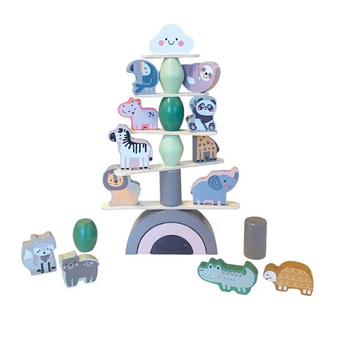 Holz-Balancierturm mit Tierfiguren wie Löwe, Elefant, Zebra und Panda auf wippender Basis