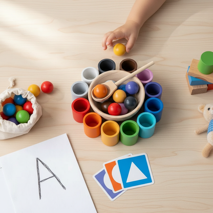 Montessori-inspiriertes Regenbogen-Sortierspiel aus Holz – 12 Tassen mit Kugeln, Schale & Zange