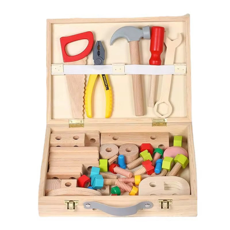 Montessori Holz-Werkzeugkoffer – 82-teiliges Konstruktionsset mit Werkzeugen & Schrauben