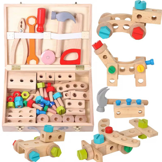 Montessori Holz-Werkzeugkoffer – 82-teiliges Konstruktionsset mit Werkzeugen & Schrauben