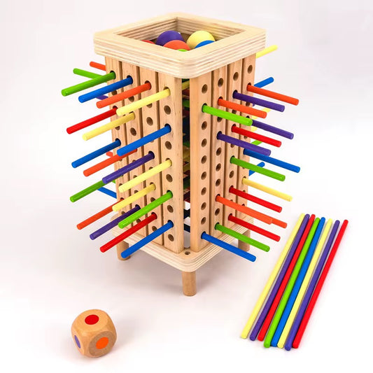 Montessori Kugel- und Stäbchenspiel aus Holz – Würfelspiel mit 42 Stäbchen
