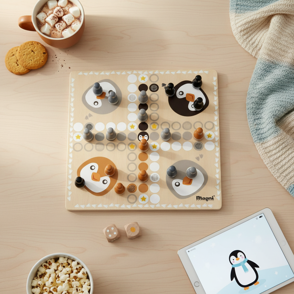 Holz-Brettspiel Ludo & Tic-Tac-Toe mit Pinguinmotiv