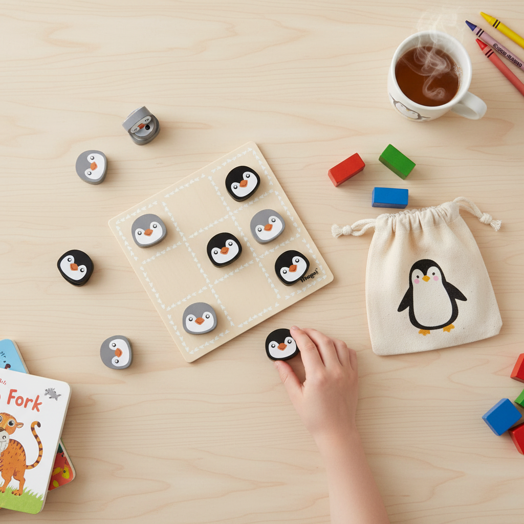 Holz-Brettspiel Ludo & Tic-Tac-Toe mit Pinguinmotiv