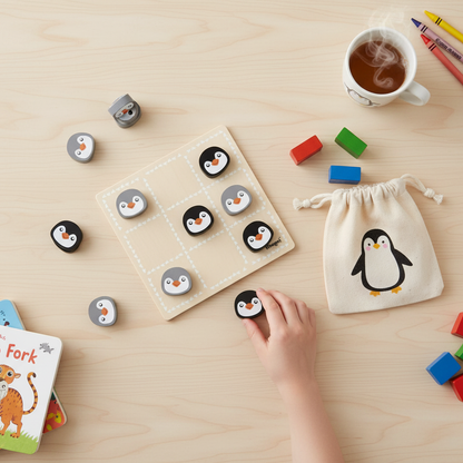Holz-Brettspiel Ludo & Tic-Tac-Toe mit Pinguinmotiv