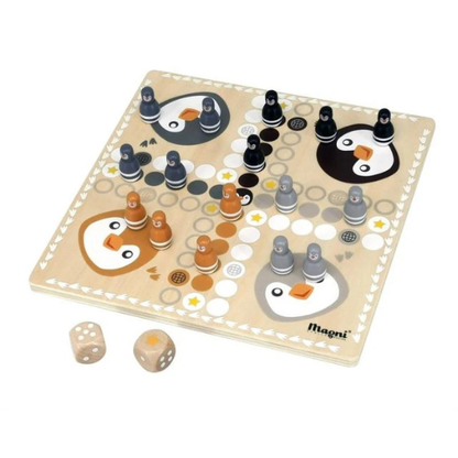 Holz-Brettspiel Ludo & Tic-Tac-Toe mit Pinguinmotiv