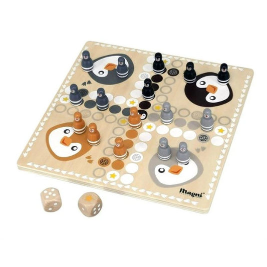 Holz-Brettspiel Ludo & Tic-Tac-Toe mit Pinguinmotiv