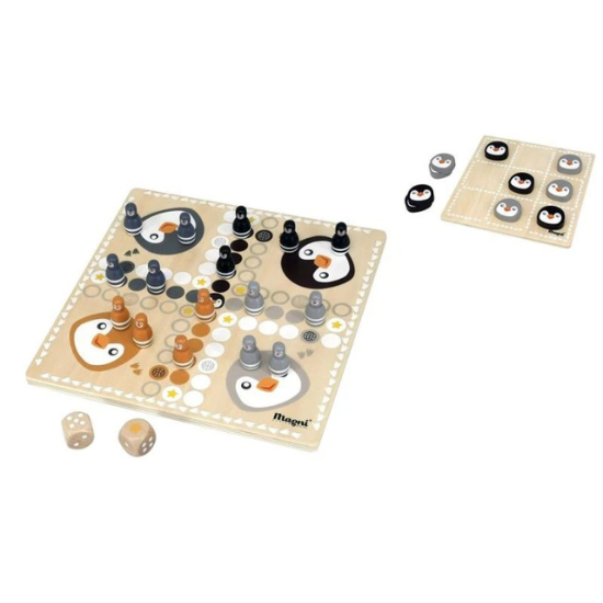 Holz-Brettspiel Ludo & Tic-Tac-Toe mit Pinguinmotiv