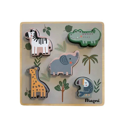 Holz-Steckpuzzle mit Zebra, Krokodil, Giraffe, Elefant und Tukan – erstes Puzzle für Kleinkinder