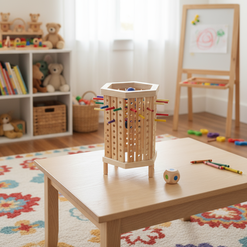 Montessori-inspiriertes Kugel- und Stäbchenspiel aus Holz – Würfelspiel mit 42 Stäbchen