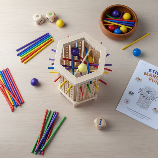 Montessori-inspiriertes Kugel- und Stäbchenspiel aus Holz – Würfelspiel mit 42 Stäbchen