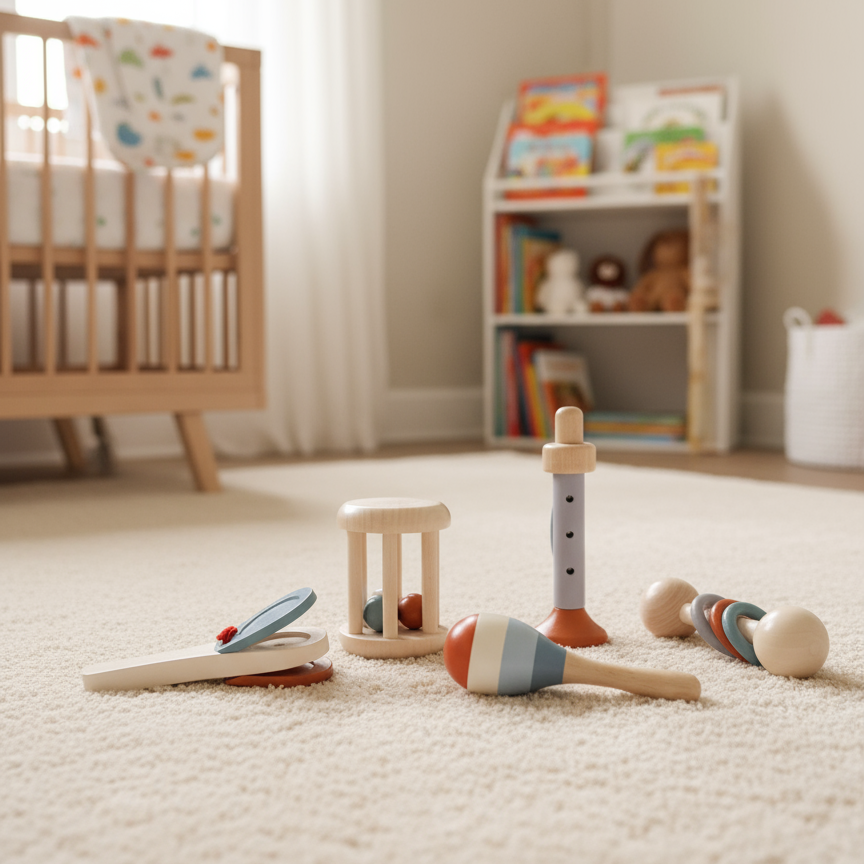 Montessori-inspiriertes Holz-Musikset – 5-teiliges Rassel- und Instrumenten-Set