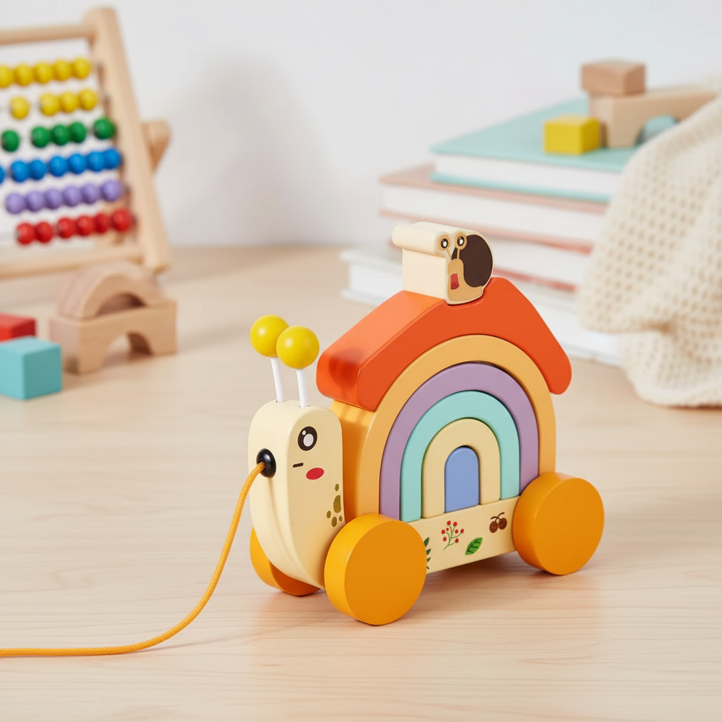 Holz-Schnecke mit Regenbogen-Steckspiel – Zieh- und Stapelspielzeug