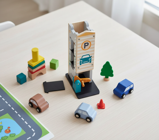 Holz-Parkhaus mit 4 Autos – kompaktes Spielset für kleine Autofans