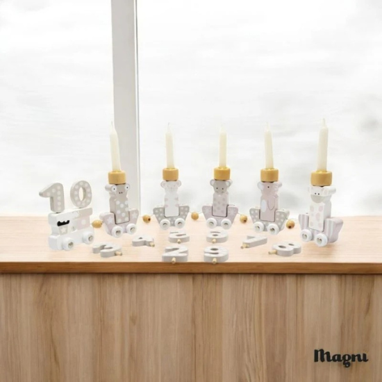 Geburtstagszug aus Holz mit Tieren – Weiß